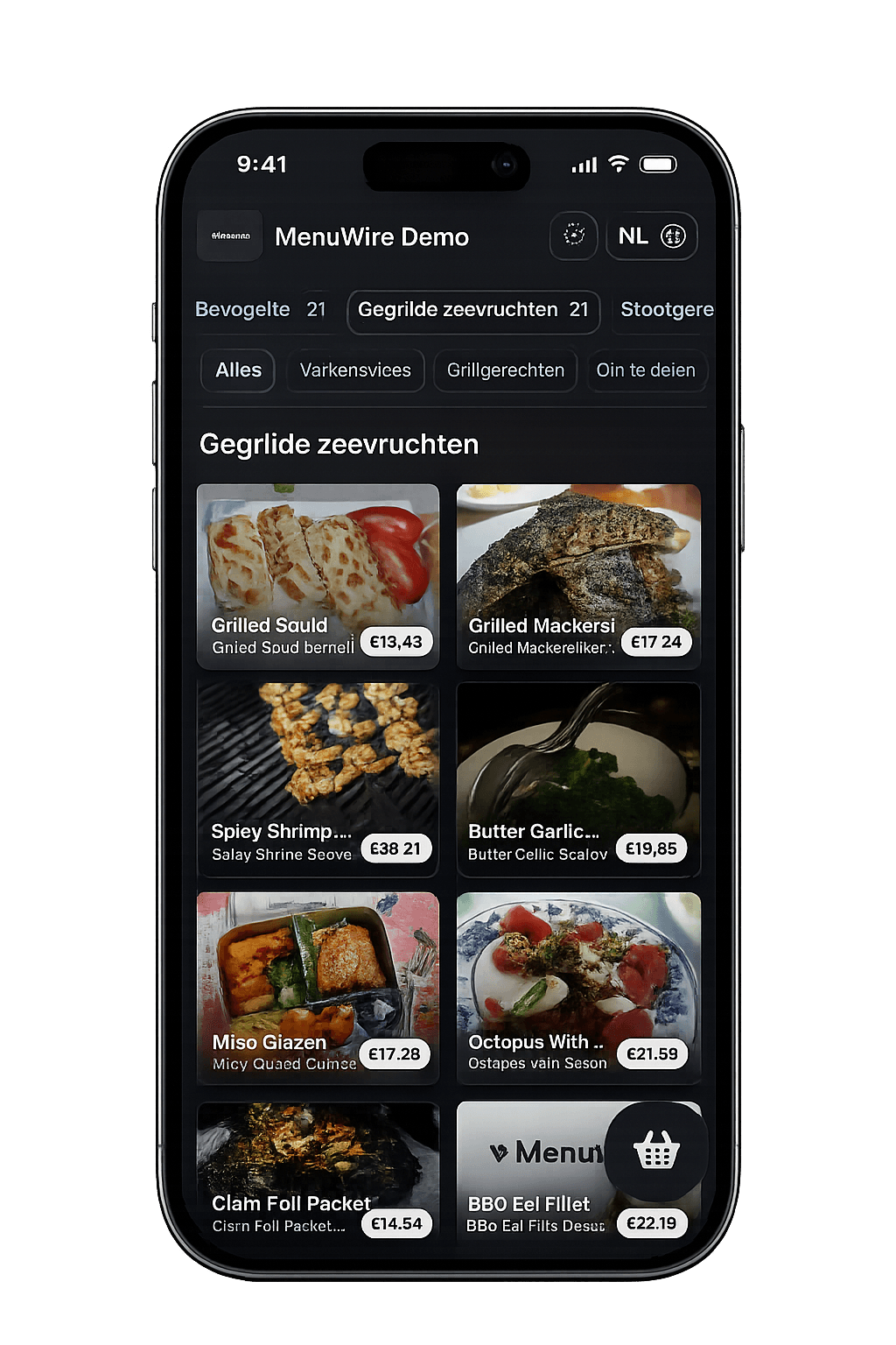 iPhone mockup showing MenuWire order screen