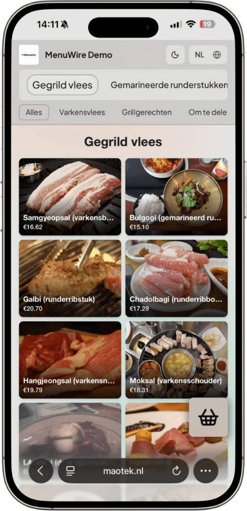 iPhone mockup showing MenuWire order screen (light)